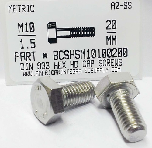 M10-1.50X20mm HEX HEAD CAP SCREW A2 STAINLESS STEEL D933