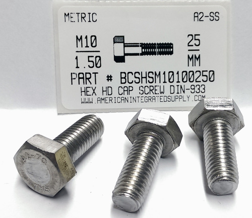 M10-1.50X25mm HEX HEAD CAP SCREW A2 STAINLESS STEEL D933