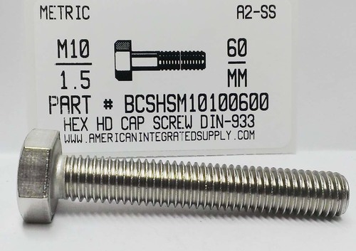 M10-1.50X60mm HEX HEAD CAP SCREW A2 STAINLESS STEEL D933