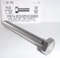 M10-1.50X80mm HEX HEAD CAP SCREW FULL THREAD A2 STAINLESS STEEL D933