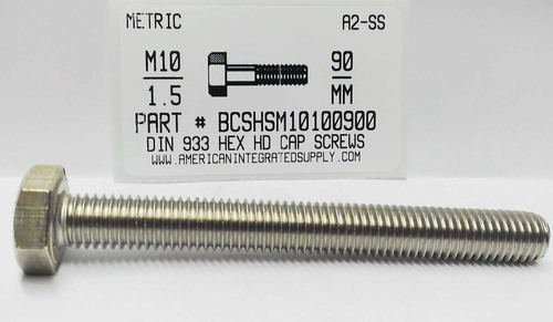 M10-1.50X90mm HEX HEAD CAP SCREW A2 STAINLESS STEEL D933