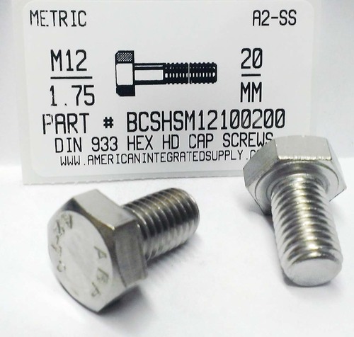 M12-1.75X20mm HEX HEAD CAP SCREW A2 STAINLESS STEEL D933