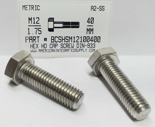 M12-1.75X40mm HEX HEAD CAP SCREW A2 STAINLESS STEEL D933