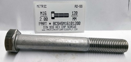 M16-2.00X120mm HEX HEAD CAP SCREW A2 STAINLESS STEEL D931