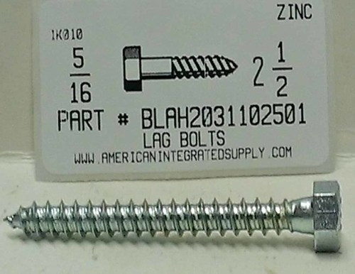 5/16X2-1/2 HEX HEAD LAG BOLT STEEL ZINC PLATED