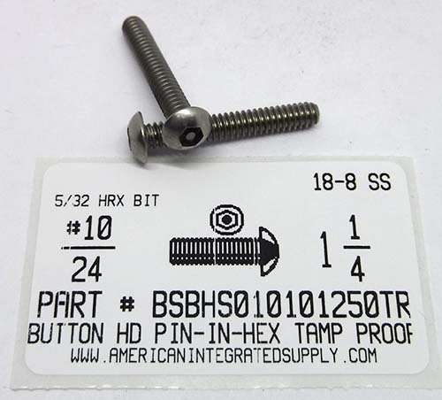 #10-24X1-1/4 BUTTON HEAD PIN-IN-HEX DRIVE SOCKET CAP SCREW 18-8 STAINLESS STEEL