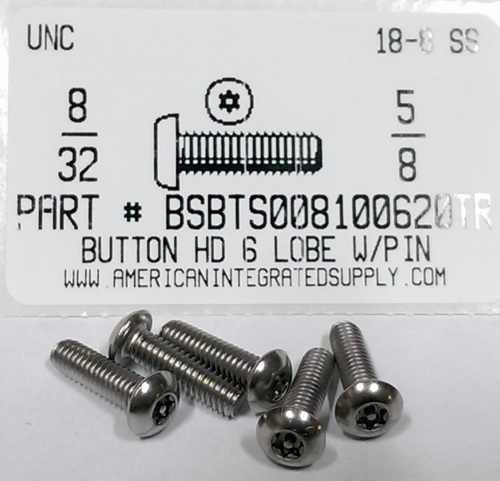 #8-32X5/8 BUTTON HEAD PIN-IN- 6 LOBE SCREW 18-8 STAINLESS STEEL T15 DR