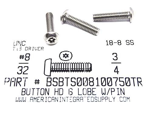 #8-32X3/4 BUTTON HEAD PIN-IN- 6 LOBE SCREW 18-8 STAINLESS STEEL T15 DR