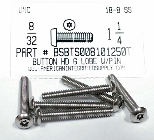 #8-32X1-1/4 BUTTON HEAD PIN-IN- 6 LOBE SCREW 18-8 STAINLESS STEEL T15 DR