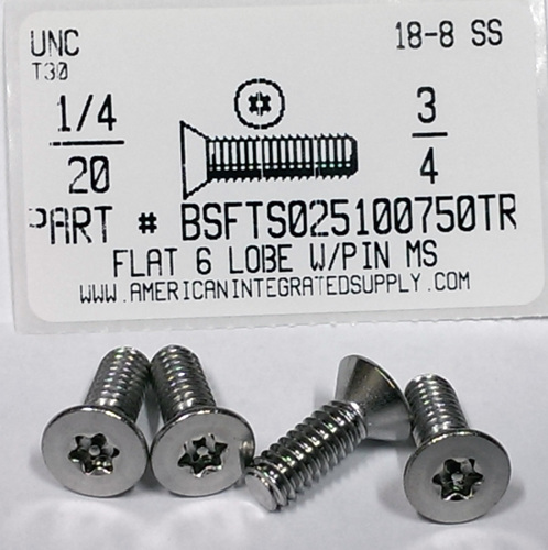1/4-20X3/4 FLAT HEAD 6 LOBE T30 DRIVE WITH PIN CAP SCREW 18-8 STAINLESS STEEL