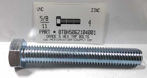 5/8-11X4 HEX HEAD TAP BOLT FULLY THREADED GRADE 5 STEEL ZINC PLATED