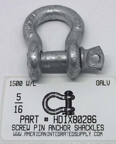5/16 SCREW PIN ANCHOR SHACKLE HOT DIPPED GALVANIZED RATED CAPACITY 1500 LBS