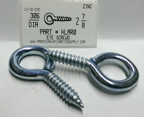 2-7/8 SCREW EYE LARGE ZP EYE ID 13/16" STEM 1-9/16" THRD LENGTH 1-1/4" .306 DIAM