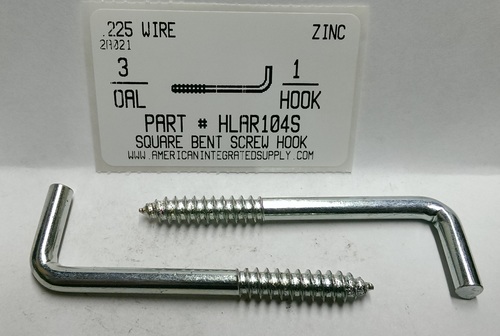 3 SQUARE BEND SCREW HOOK STL ZP 1" HOOK END THREAD LENGTH 15/16" DIAM .225