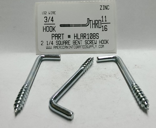 2-1/4"OAL SQUARE BEND SCREW HOOK STL ZP .162"DIAMX3/4"HOOKX11/16"THRD
