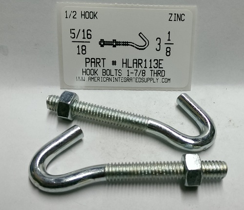 5/16-18 HOOK BOLT W/NUT STL ZP 3-1/8"OA 1-7/8"THRD 1/2" HOOK ID
