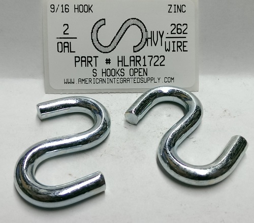 2 S-HOOK HEAVY OPEN STL ZP .262 DIAM 9/16" HOOK ID