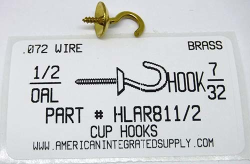1/2 CUP HOOK BRASS 7/32" HOOK ID 7/16" BASE 1/4" STEM 3/16" THRD LENGTH