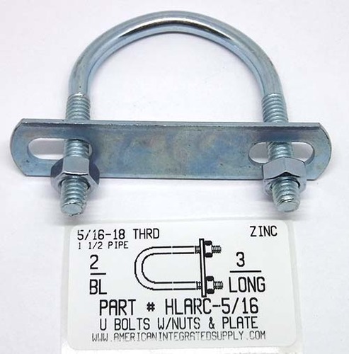 5/16X3X2 UBOLT W/PLATE&NUT STL ZP 1-1/2" THRD .268 DIAM 1-1/2" PIPE