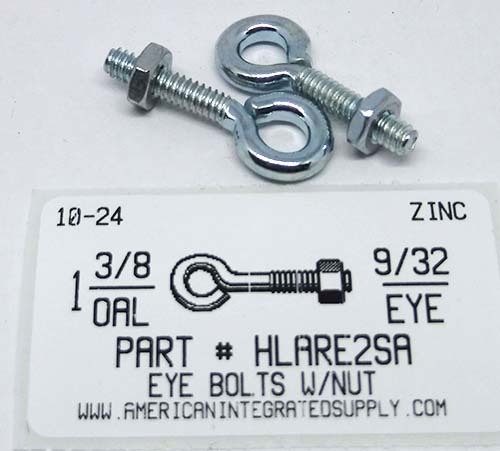 1/4-20 HOOK BOLT W/NUT STL ZP 2-5/8"OA 1-5/8"THRD 3/8"ID