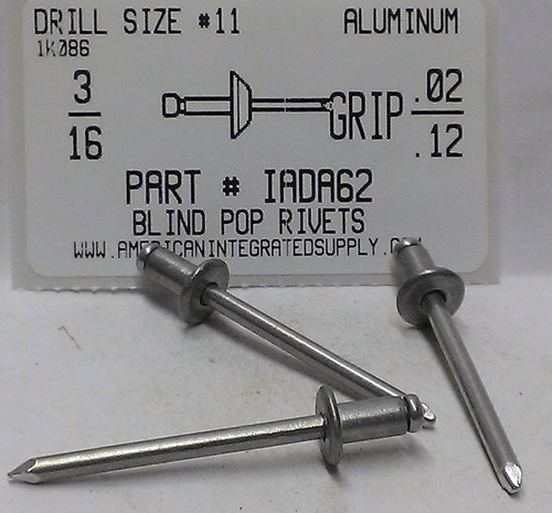 3/16 BLIND RIVET .020-.125 GRIP ALUMINUM RIVET ALUMINUM MANDREL