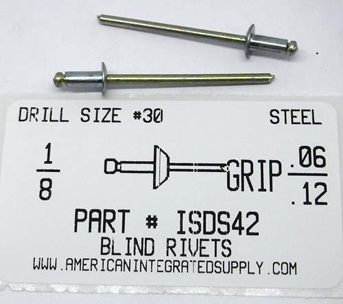 1/8 BLIND RIVET .063-.125 GRIP STEEL RIVET STEEL MANDREL
