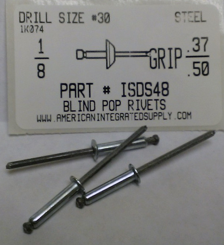 1/8 BLIND RIVET .376-.500 GRIP STEEL RIVET STEEL MANDREL
