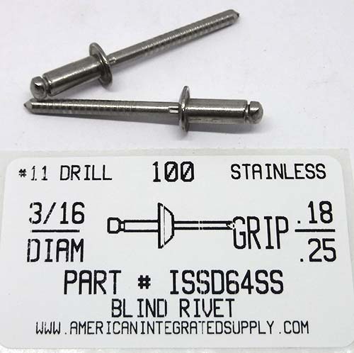 3/16 BLIND RIVET .188-.250 GRIP STAINLESS RIVET STAINLESS MANDREL