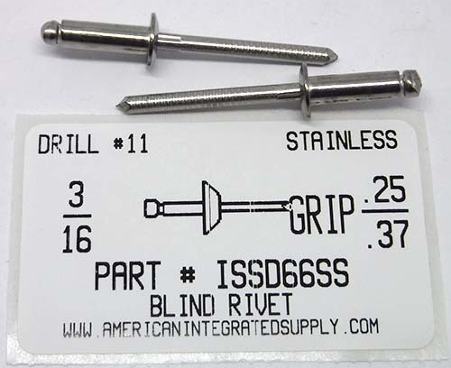 3/16 BLIND RIVET .251-.375 GRIP STAINLESS RIVET STAINLESS MANDREL