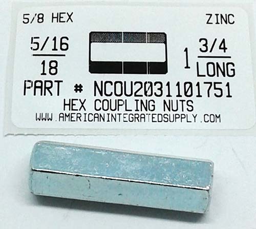 5/16-18X1/2X1-3/4 HEX COUPLING NUT STEEL ZINC PLATED