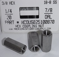 1/4-20X3/8X7/8 HEX COUPLING NUT 18-8 STAINLESS STEEL