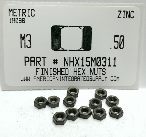 M3-.50 FINISHED HEX NUT CLASS 6 STEEL ZINC PLATED D934