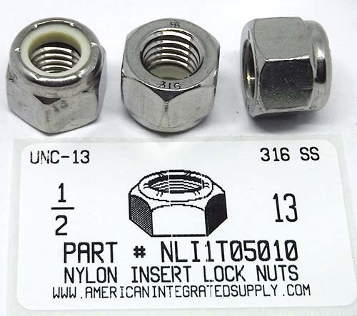 1/2-13 HEX NYLON INSERT LOCKNUT 316 STAINLESS STEEL