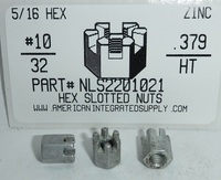 #10-32 HEX SLOTTED NUT STEEL ZINC PLATED 5/16 HEX .379" TH (DISCONTINUED)