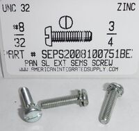 #8-32X3/4 PAN HEAD SLOTTED EXTERNAL SEMS SCREWS STEEL ZINC PLATED