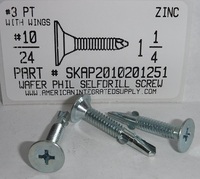 #10-24X1-1/4 WAFER HEAD PHILLIPS SELF DRILLING SCREW #3 POINT WITH WINGS STEEL ZINC PLATED