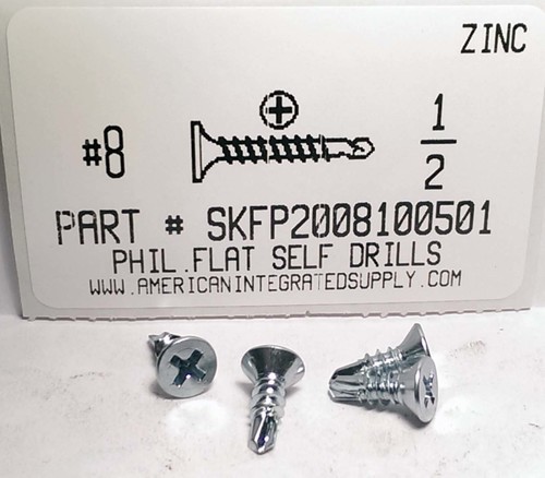 #8X1/2 FLAT HEAD PHILLIPS SELF DRILLING SCREW #2 POINT STEEL ZINC PLATED