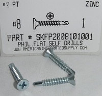 #8X1 FLAT HEAD PHILLIPS SELF DRILLING SCREW #2 POINT STEEL ZINC PLATED