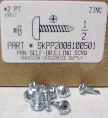 #8X1/2 PAN HEAD PHILLIPS SELF DRILLING SCREW #2 POINT STEEL ZINC PLATED