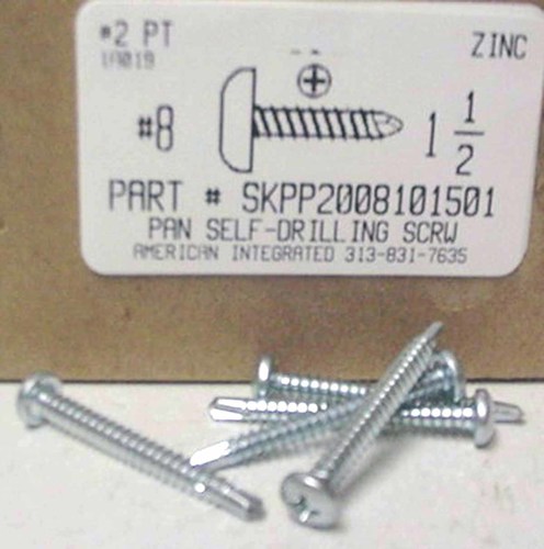 #8X1-1/2 PAN HEAD PHILLIPS SELF DRILLING SCREW #2 POINT STEEL ZINC PLATED