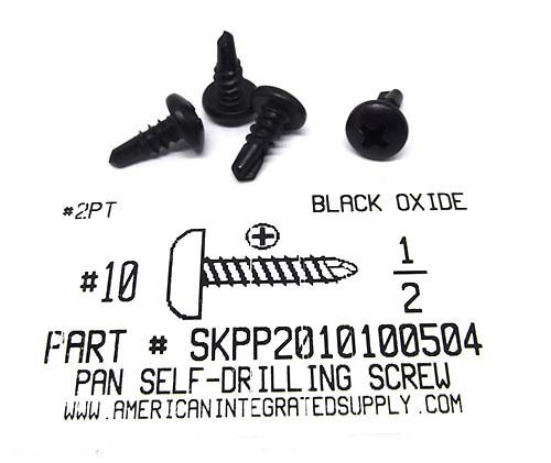 #10X1/2 PAN HEAD PHILLIPS SELF DRILLING SCREW #2 POINT STEEL BLACK OXIDE