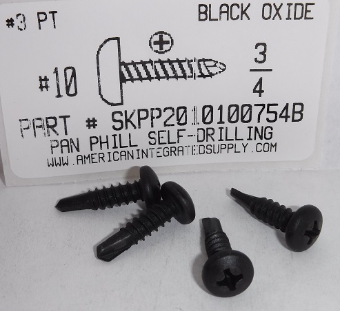 #10X3/4 PAN HEAD PHILLIPS SELF DRILLING SCREW #3 POINT STEEL  BLACK OXIDE