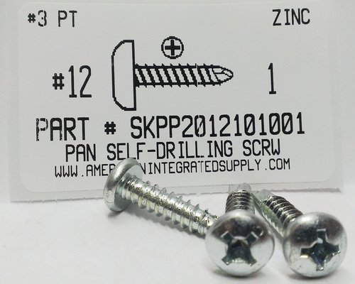#12X1 PAN HEAD PHILLIPS SELF DRILLING SCREW #3 POINT STEEL ZINC PLATED