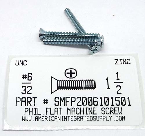 #6-32X1-1/2 FLAT HEAD PHILLIPS MACHINE SCREW STEEL ZINC PLATED