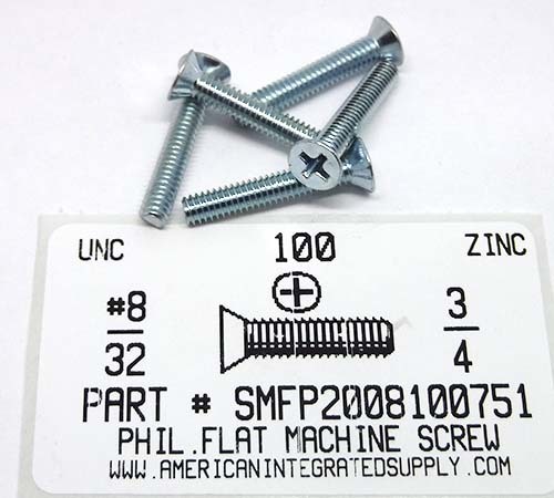 #8-32X3/4 FLAT HEAD PHILLIPS MACHINE SCREW STEEL ZINC PLATED