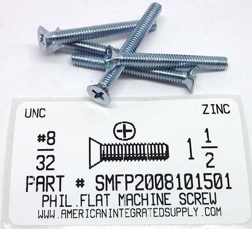 #8-32X1-1/2 FLAT HEAD PHILLIPS MACHINE SCREW STEEL ZINC PLATED