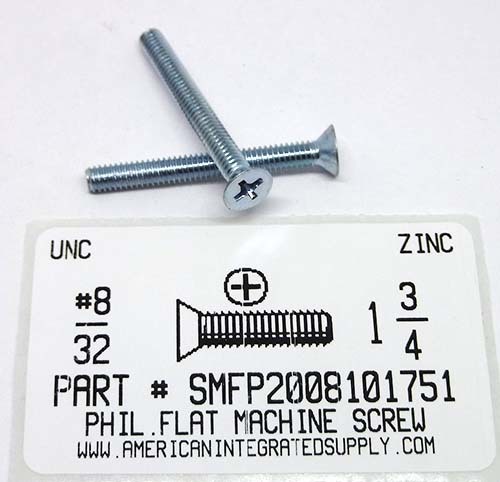 #8-32X1-3/4 FLAT HEAD PHILLIPS MACHINE SCREW STEEL ZINC PLATED