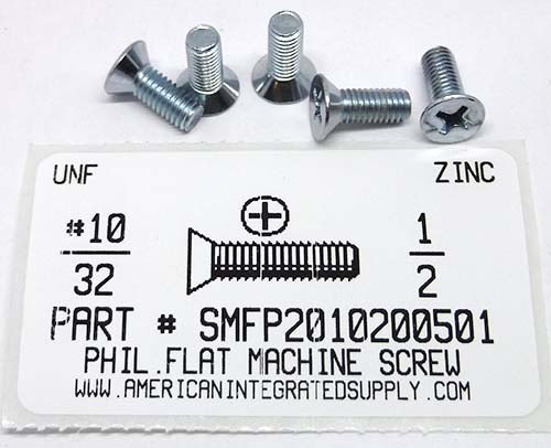 #10-32X1/2 FLAT HEAD PHILLIPS MACHINE SCREW STEEL ZINC PLATED