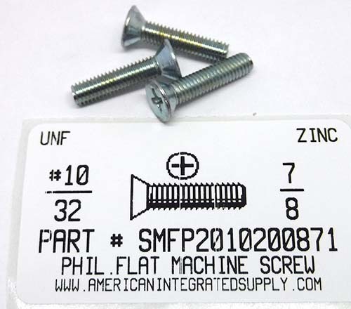 #10-32X7/8 FLAT HEAD PHILLIPS MACHINE SCREW STEEL ZINC PLATED