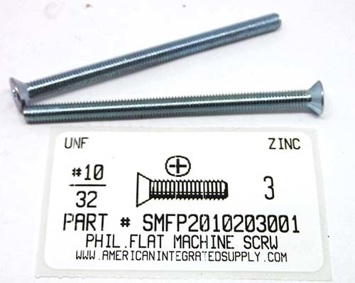 #10-32X3 FLAT HEAD PHILLIPS MACHINE SCREW STEEL ZINC PLATED